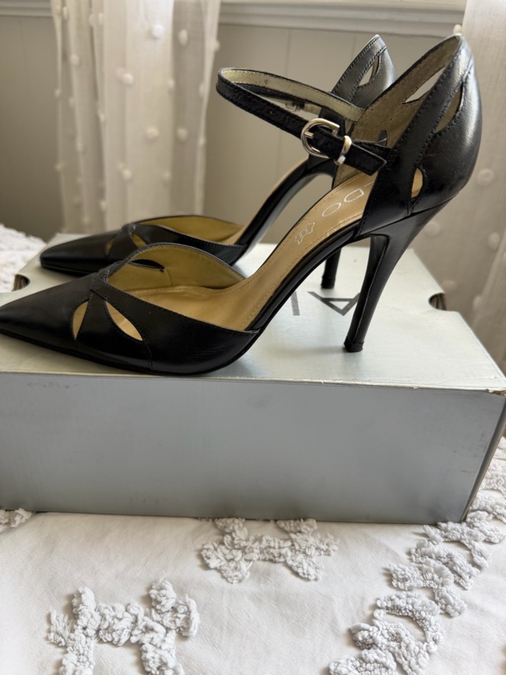 Aldo Black Cutout Pointed-Toe Ankle-Strap Heels